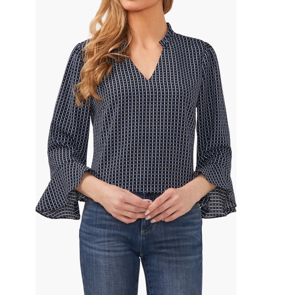 CeCe Tops - CeCe Garden Geometric Print Blouse In Cerulean Dusk - New With Tag - Reemoly